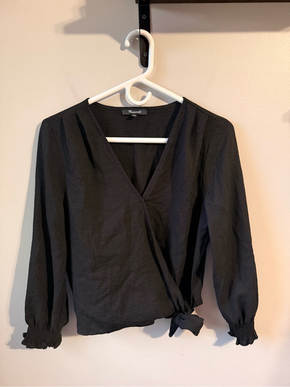 Madewell Black Textured Wrap Blouse with Side Tie